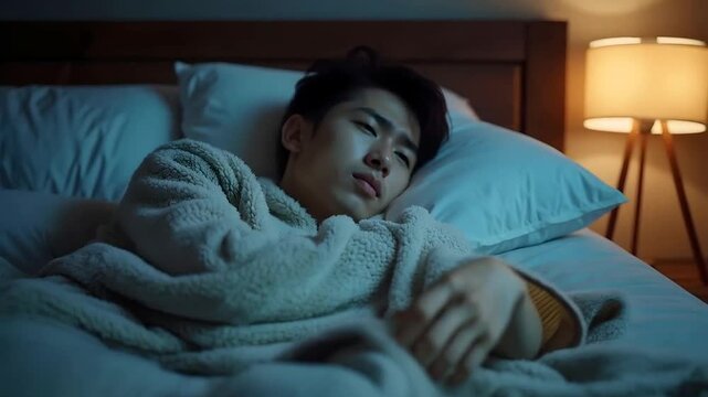 A young Asian man with a throbbing headache, trying to sleep in bed on a cold winter evening, the room lit by a dim bedside lamp