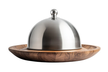 Elegant silver food dome on wooden tray isolated on transparent background