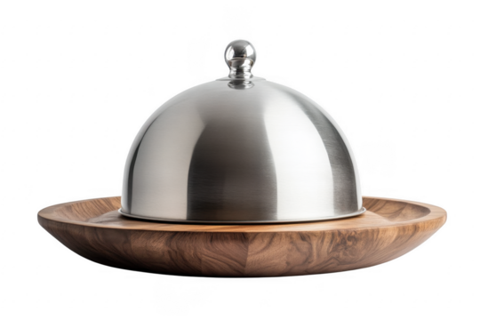 Elegant silver food dome on wooden tray isolated on transparent background
