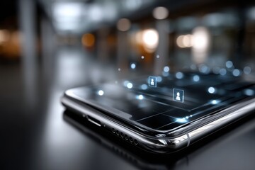A sleek smartphone displays digital user profiles and data connections, representing modern technology and networking capabilities in a stylish, futuristic setting.