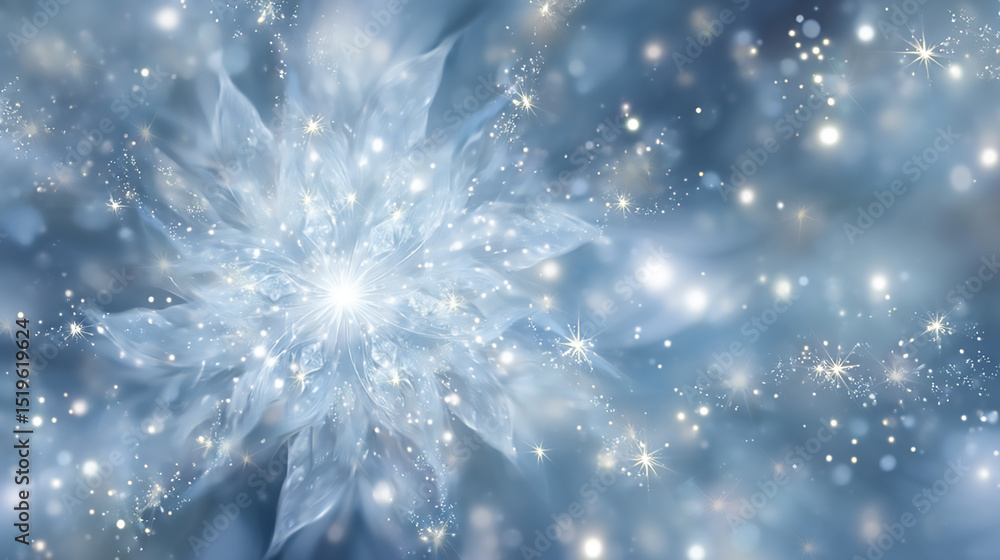 Poster a crystalline blue flower explodes with sparkling stars against a soft diffused background