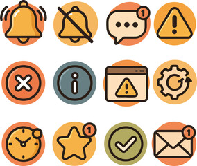 Twelve flat design icons in circular frames on gradient backgrounds, arranged in a three-by-four grid