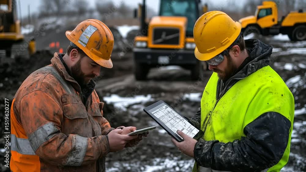 Poster pair of construction workers using a tablet on-site to coordinate tasks, machinery and trucks moving