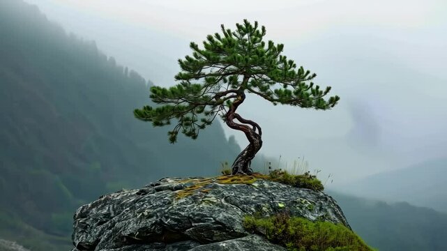 Solitary pine tree on rocky peak with foggy mountain backdrop landscape.