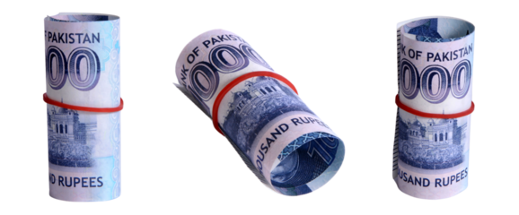 Rolled Pakistani 1000 Rupee Banknotes (PK) with Red Rubber Bands