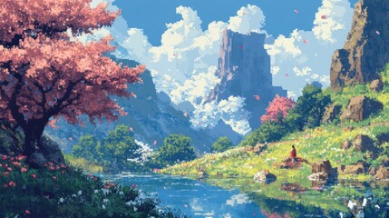 Pixel art valley with cherry blossoms