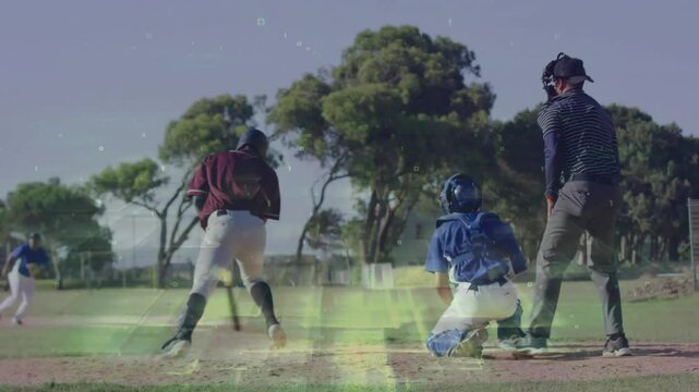 Baseball batter receiving pitch swinging bat sprinting to reach first base as fielders closing in