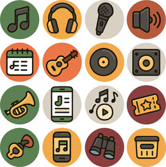 Colorful grid of sixteen circular music and audio icons on warm earthy background