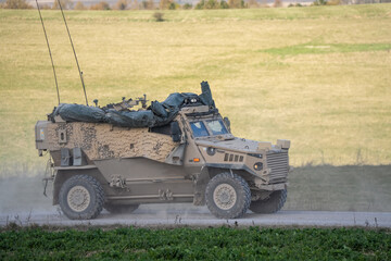 British army Foxhound 4x4-wheel drive protected patrol vehicle in action on a military exercise