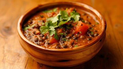 Delicious Black Lentil Curry in Wooden Bowl