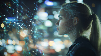 Woman with futuristic facial scan and network connection in an abstract technological concept