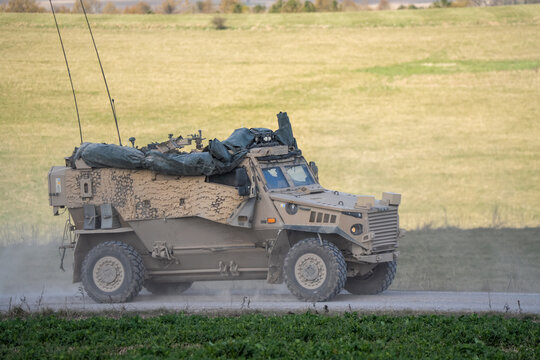 British army Foxhound 4x4-wheel drive protected patrol vehicle in action on a military exercise