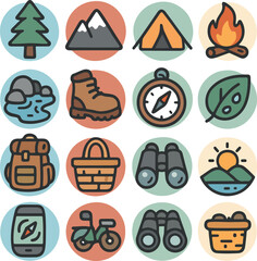 Sixteen outdoor activity and nature icons in circular frames on pastel background