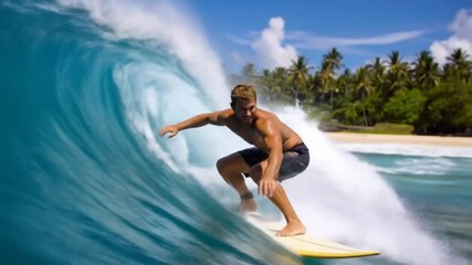 A surfer rides a wave