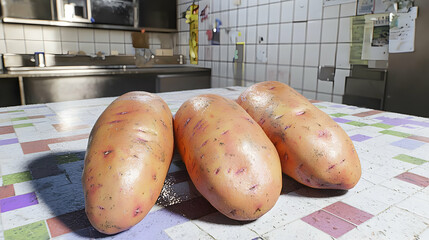 Three Red Potatoes On A Kitchen Table
