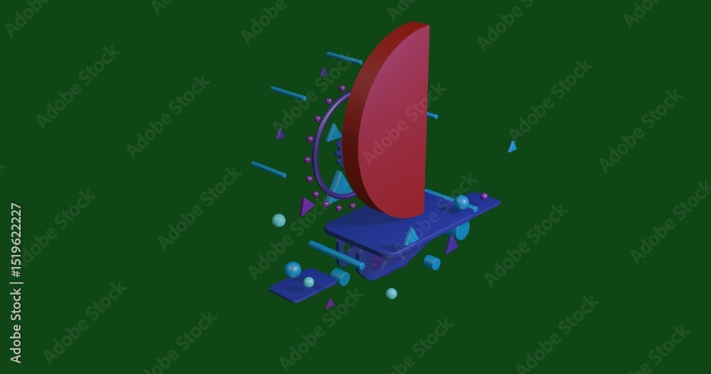 Aufkleber red semicircle symbol on a pedestal of abstract geometric shapes floating in the air. abstract conce
