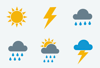 Comprehensive collection of essential weather forecast icons, including sunny, rainy, and stormy conditions, perfect for dynamic digital displays, educational materials, or modern meteorological appli