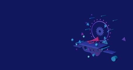 Pink trumpet symbol on a pedestal of abstract geometric shapes floating in the air. Abstract concept art with flying shapes on the right. 3d illustration on indigo background © Alexey