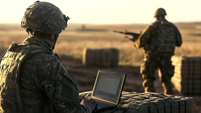 Close-knit team of armed soldiers stand by near stacked crates, scanning open plains, commander inside command post leans over laptop relaying final go-time signals