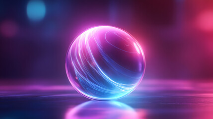Abstract glowing purple and blue sphere with dynamic lines and bokeh background representing futuristic technology and digital innovation