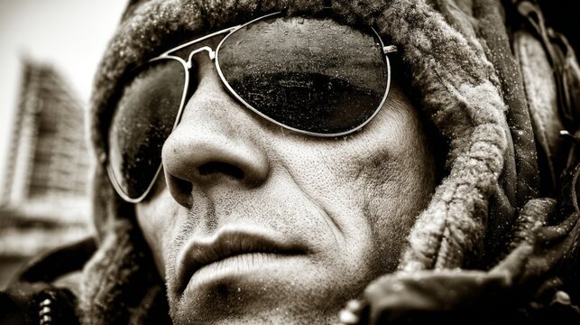 Fototapeta Close-up of a man wearing sunglasses and a hooded jacket in a black and white photo