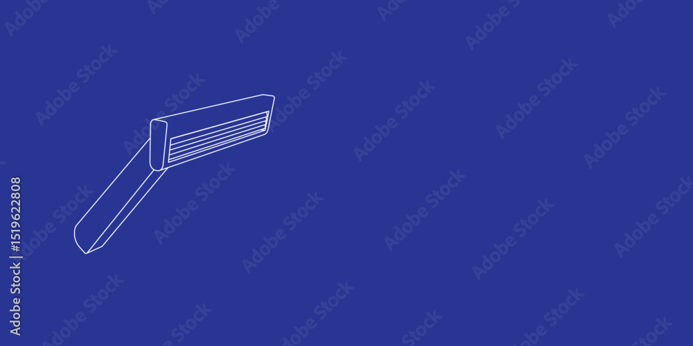 Poster the outline of a large mens razor symbol made of white lines on the left. 3d view of the object in p