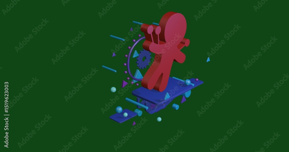 Poster red voodoo doll symbol on a pedestal of abstract geometric shapes floating in the air. abstract conc