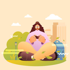 cartoon girl reading a book in a city park, vector illustration