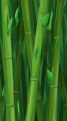 Obraz premium A bamboo forest background with green leaves on the trunks of each stalk