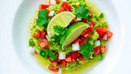 Guacamole with Lime Wedges, Cilantro, Tomato, and Onion in White Bowl