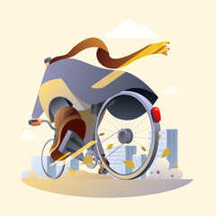 cartoon cyclist rides fast through city, vector illustration