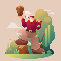 cartoon lumberjack with axe and log vector illustration