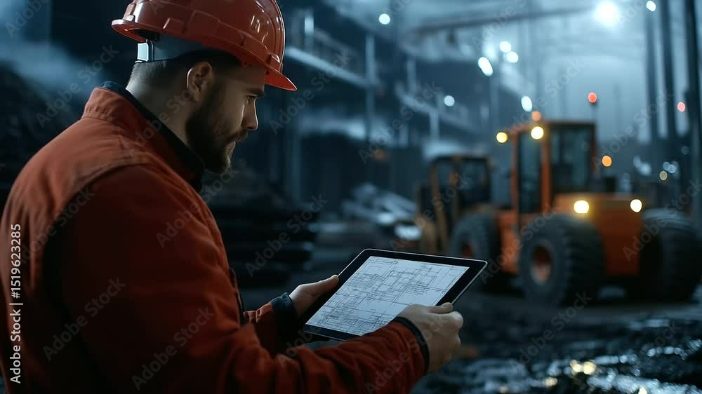 Aufkleber close-up of industrial worker with hard hat using tablet to check blueprints on an active constructi
