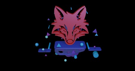 Red fox's head symbol on a pedestal of abstract geometric shapes floating in the air. Abstract concept art with flying shapes in the center. 3d illustration on black background