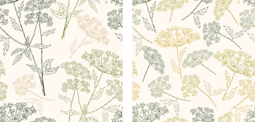 Seamless patterns of outlines umbrella plants, vector hand drawn floral backgrounds, paper, textile, wallpaper, fabric