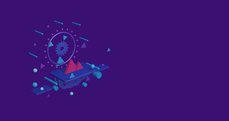 Naklejka premium Pink mountains symbol on a pedestal of abstract geometric shapes floating in the air. Abstract concept art with flying shapes on the left. 3d illustration on deep purple background