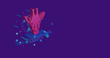 Pink giraffe head symbol on a pedestal of abstract geometric shapes floating in the air. Abstract concept art with flying shapes on the left. 3d illustration on deep purple background