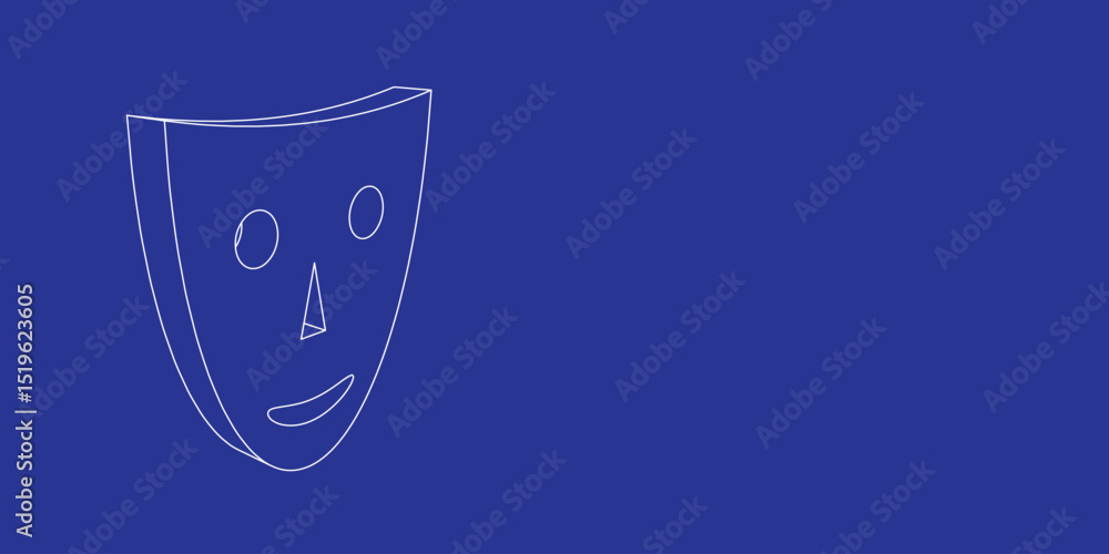 Poster the outline of a large theatrical mask made of white lines on the left. 3d view of the object in per