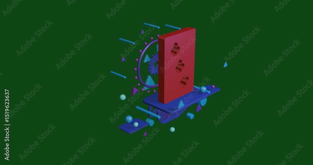 Aufkleber red three of clubs playing card on a pedestal of abstract geometric shapes floating in the air. abst