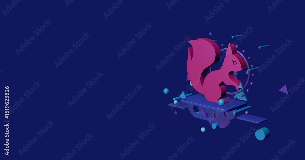 Poster pink squirrel symbol on a pedestal of abstract geometric shapes floating in the air. abstract concep