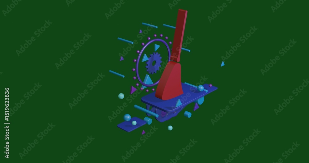 Poster red broom symbol on a pedestal of abstract geometric shapes floating in the air. abstract concept ar