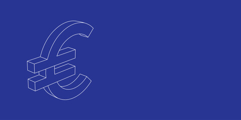 The outline of a large euro symbol made of white lines on the left. 3D view of the object in perspective. Vector illustration on indigo background