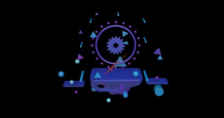 Obraz premium Red sword symbol on a pedestal of abstract geometric shapes floating in the air. Abstract concept art with flying shapes in the center. 3d illustration on black background