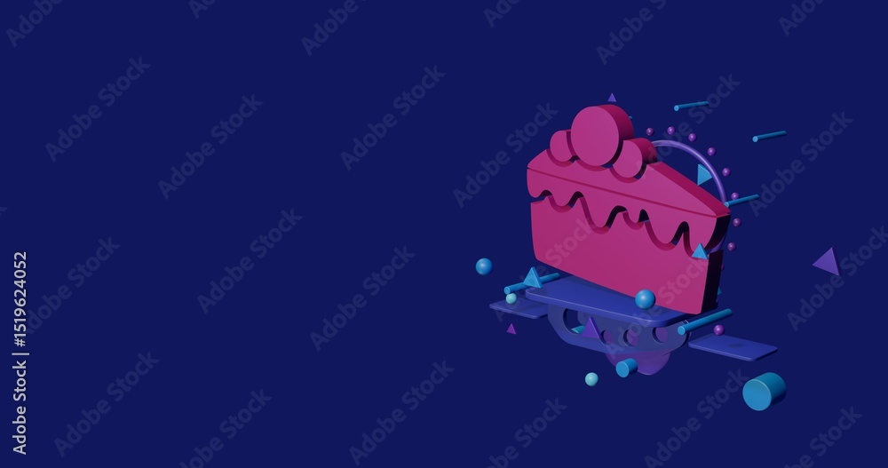 Poster pink piece of cake symbol on a pedestal of abstract geometric shapes floating in the air. abstract c