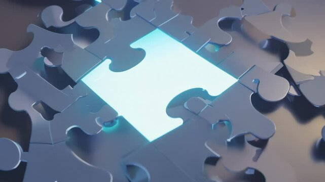 Illuminated blue puzzle pieces gradually connect and fit together forming unified solution demonstrating problem-solving teamwork collaboration and business strategy concepts
