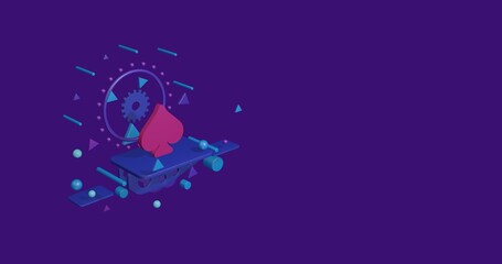 Pink spade on a pedestal of abstract geometric shapes floating in the air. Abstract concept art with flying shapes on the left. 3d illustration on deep purple background