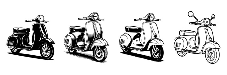 set of vintage motor scooter vector illustrations, urban transportation and retro vehicle 
