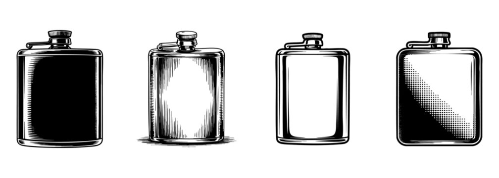 set of vintage metal hip flask and drink container vector illustrations, personal beverage portability
