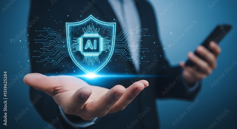 Poster secure ai technology future business concept showing a businessman presenting a digital shield with 