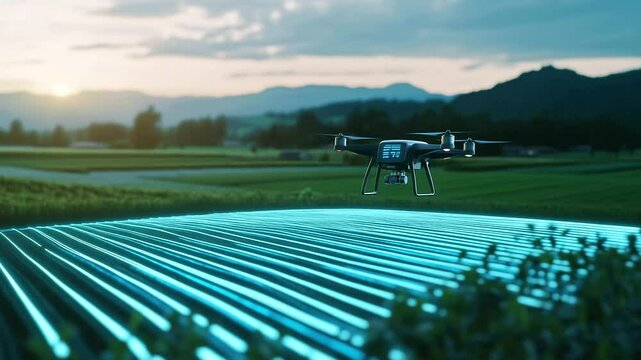 Drone flying over a field actively being irrigated, with live water monitoring interface overlayed on screen, futuristic smart farming concept - Powered by Adobe